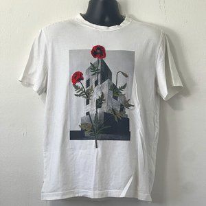 Embroidered Rose Dark Castle Design In White And Gray With Pops Of Red